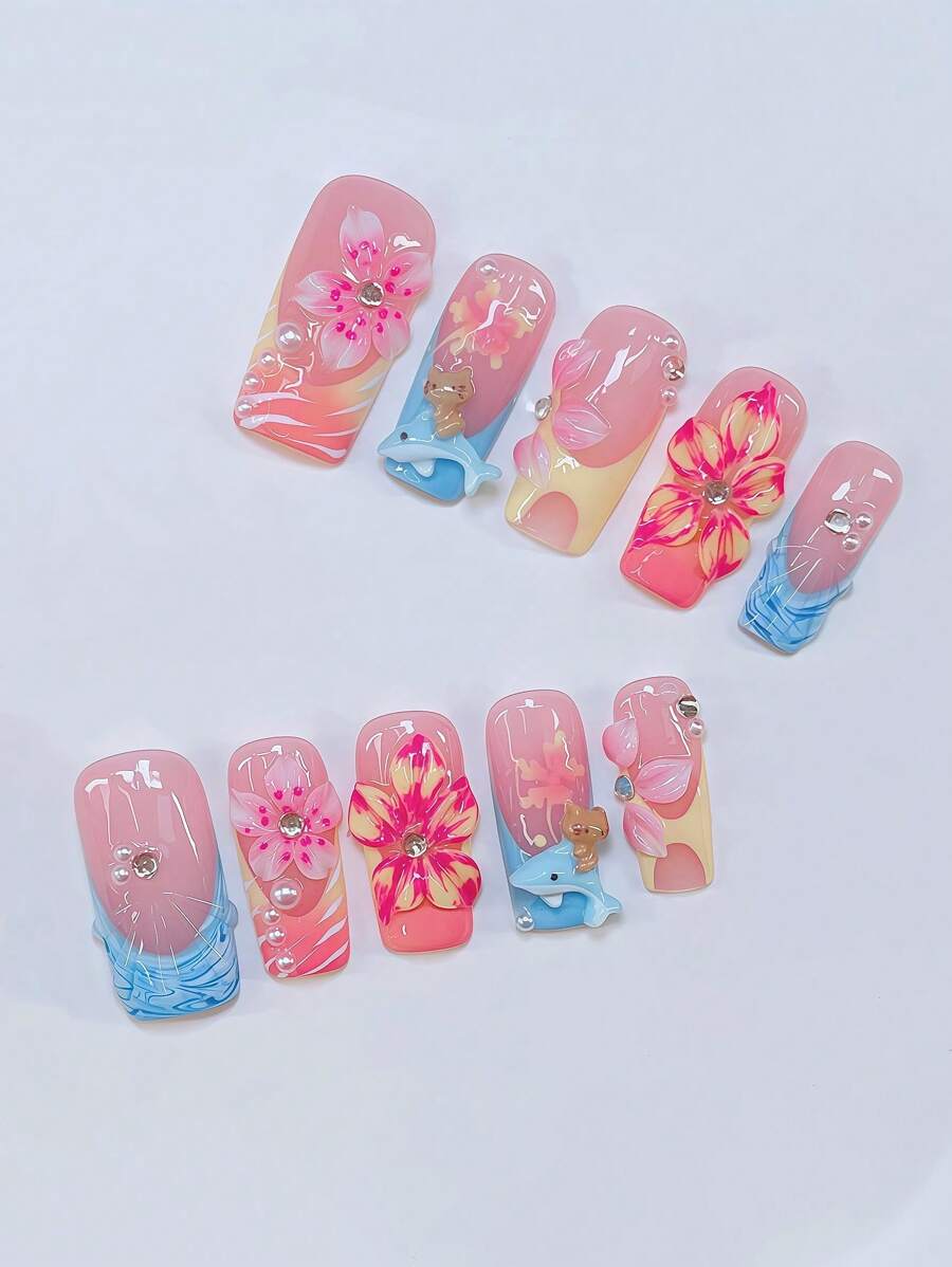 10 件 Y2K Nails 管状按压式指甲套装 - 手工制作，黄色指甲，黄色和蓝色渐变法式风格，手工制作的 3D 花朵与粉色花蕊，手绘黄色花朵和白色斑马纹，手绘蓝白渐变法式风格设计美甲用品指甲 - 彩色 - 查看 1