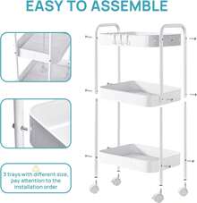 3-Tier Metal Rolling Storage Cart With Lockable Wheels - Multi-Functional Mobile Storage Organizer For Kitchen, Bathroom, Office, Workshop - White, Durable Structure, Easy To Assemble, Narrow Storage Cart - trắng - Xem 7