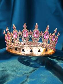 1pc Elegant Women Rhinestone Decor Crown Design Luxury Headband, For Decoration Royal Tiaras Valentine's Day Accessories - 金色 - 查看 21