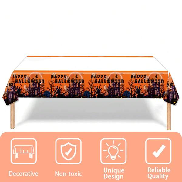 1 pieza, Mantel desechable temático de Halloween naranja/rosa, Falda de mesa desechable de plástico, Cubierta de mesa de Halloween feliz con calabaza/castillo/murciélago, Perfecto para fiestas de Halloween, reuniones, cenas, decoraciones de cocina, artículos para fiestas, 42.5x70.8 pulgadas