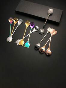 1 pièce Cuillère à café en acier inoxydable avec patte de chat porte-bonheur et visage souriant, cuillère à dessert mignonne de chat, cuillère à glace - Multicolore - Voir 1