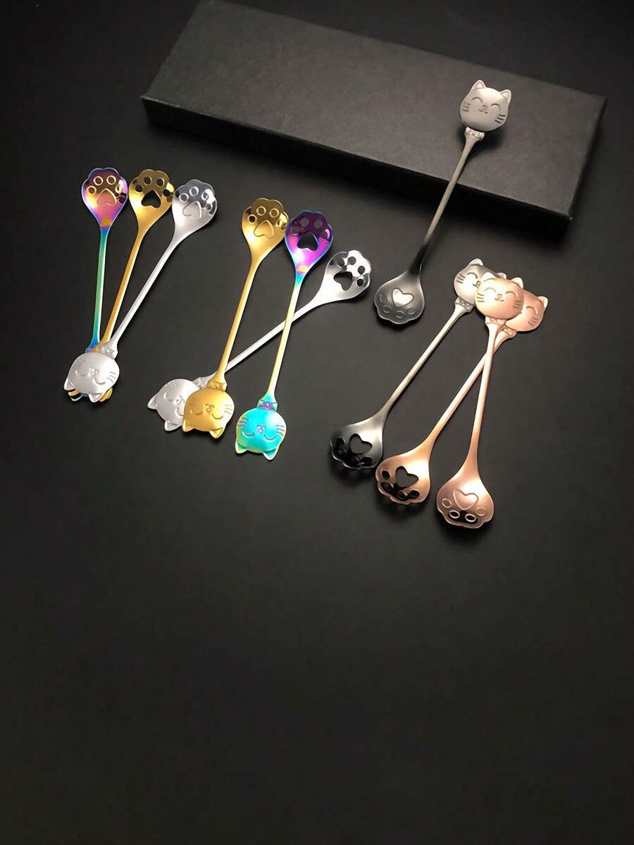 1 pièce Cuillère à café en acier inoxydable avec patte de chat porte-bonheur et visage souriant, cuillère à dessert mignonne de chat, cuillère à glace - Multicolore - Voir 1