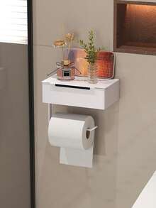 1 pieza Portarrollos de papel higiénico con estante, caja de toallitas húmedas de baño, caja de pañuelos, portarrollos de papel higiénico montado en la pared, caja de pañuelos para la sala de estar y el baño, estante de almacenamiento de papel higiénico sin taladro, organizador de accesorios de baño, accesorios de baño de hotel - Multicolor - Ver 2