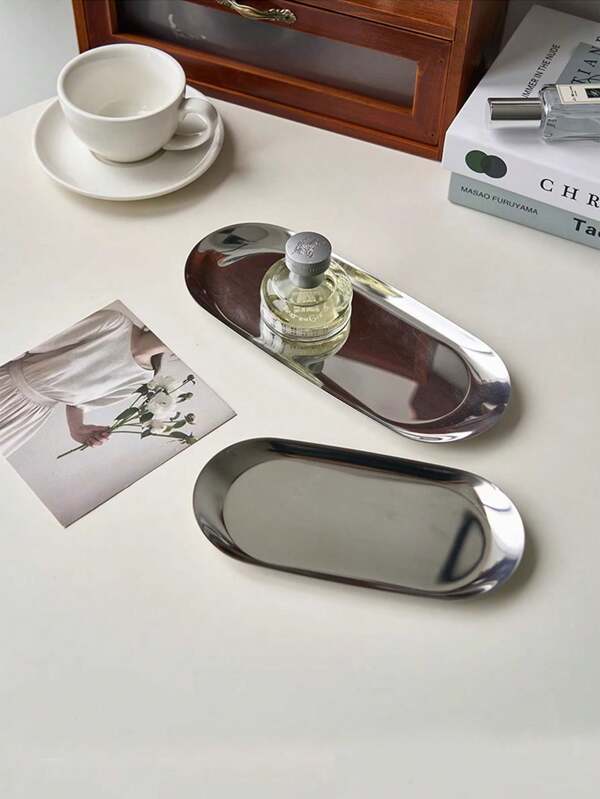 2pcs Stainless Steel Tray, Jewelry Organizer Plate, Entryway Fragrance & Incense Holder Decorative Dish, Silver Color