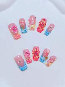 10 件 Y2K Nails 管状按压式指甲套装 - 手工制作，黄色指甲，黄色和蓝色渐变法式风格，手工制作的 3D 花朵与粉色花蕊，手绘黄色花朵和白色斑马纹，手绘蓝白渐变法式风格设计美甲用品指甲 - 彩色 - 查看 2