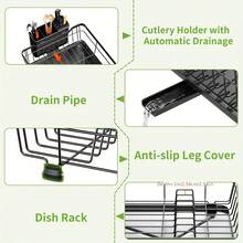 2-Tier Heavy-Duty Metal Dish Drying Rack With Drainboard - Large Capacity Dish Drainer Organizer, Utensil & Cup Holder, -Standing Space-Saving Kitchen Rack Small Apartments, Painted Durability - Black - View 7