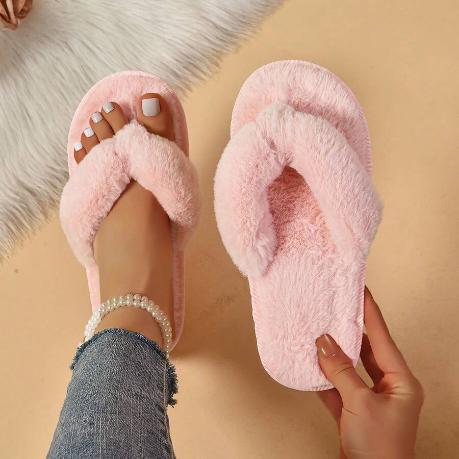 Women's Fluffy Thong Slippers, Comfortable Furry Flip Flops, Minimalist Fuzzy Lining Beach Vacation Sandals, Pink Indoor Bedroom Slippers - Pink - View 1