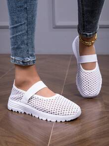 女式透气网眼一脚蹬轻便休闲白色网眼运动鞋 - 白色 - 查看 4