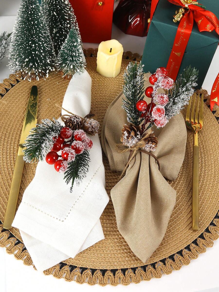1/4/6/50/100pcs Christmas Red Berry & Pine Cone Napkin Rings, Suitable For Christmas, Weddings, Parties, Holidays, Picnics, Camping, Country Gatherings, Birthday Banquets, Minimalist Napkin Holders - Multicolor - View 1