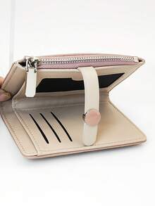 回到学校短款女士学生撞色拼接钱包，柔软 PU 多功能卡包，时尚按扣年轻学生大容量拉链零钱包，轻巧时尚，携带方便，适合作为节日礼物