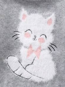 Women's Knitted Crew Neck Sweater With Cute Cat Pattern - Grey - View 4