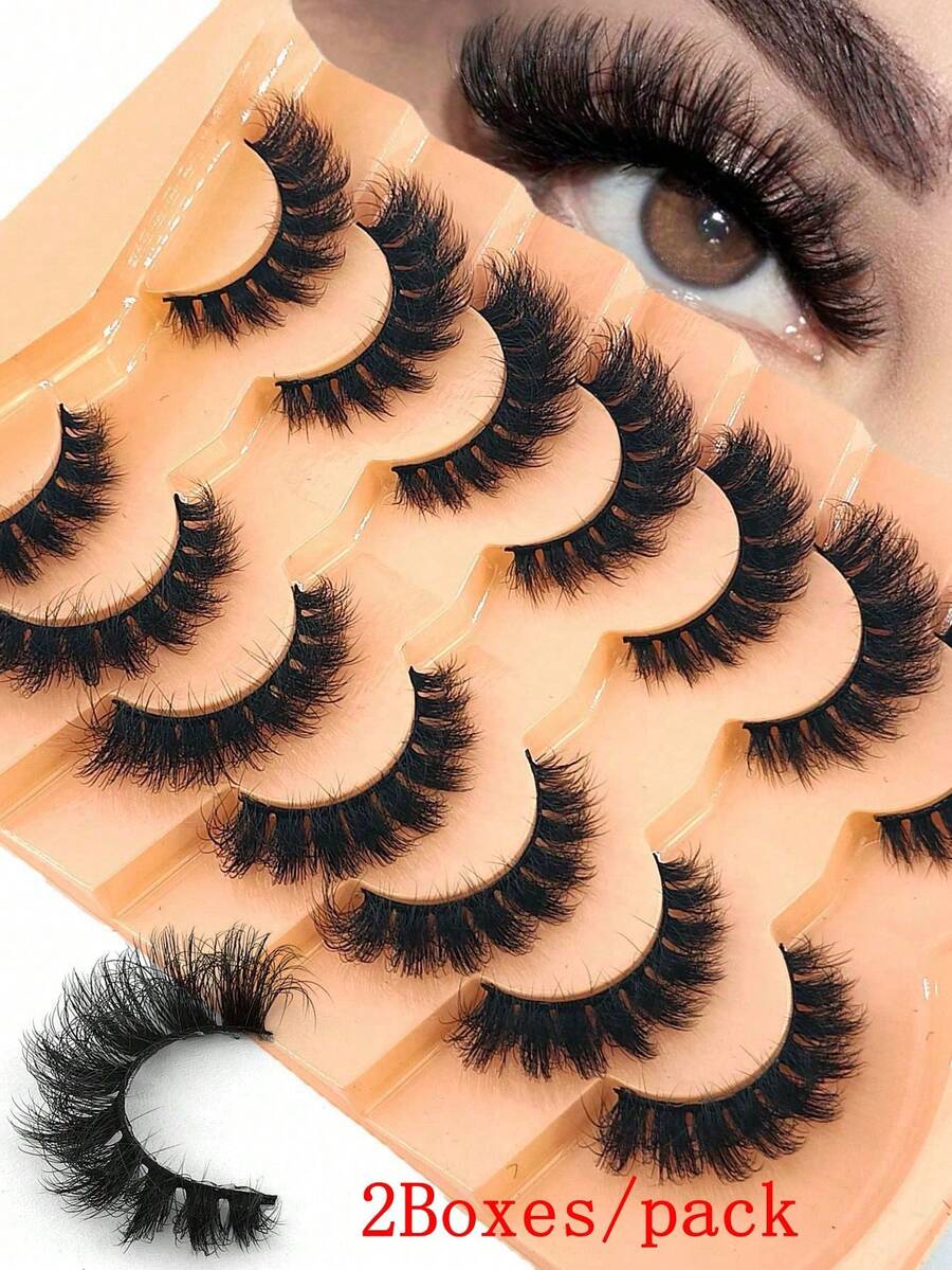 New 2Boxes/14Pairs Natural Thick Fluffy Volume False Eyelashes Dramatic Messy Mink Lashes Wispy Long 8D Volume Lasting Wispy False Eyelash Strips Foxy Eye Lifting Look Extension Full Eyelash Strip To Lengthen And Volumize The Outer Corner Of Your Eye - 黑色 - 查看 1