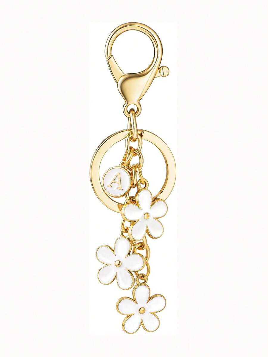 1pc Fashionable & Cute Letter Key Chain With Alloy White Flower Pendant Charm Key Ring, Accessory For Women And Students Car Accessories Goth Y2k