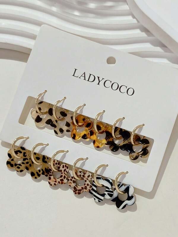 6 Pairs Fashionable Summer Acrylic Pendant Earrings, Suitable For Women's Jewelry, Made With Anti-Allergic 316 Stainless Steel Posts, Leopard Print Series, Super Cute Spinning Design