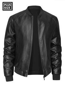 Plus Size Men's Long Sleeve Business Gentleman Jacket, Zipper Front Faux Leather Pocket Decor Jacket, Suitable For Spring & Autumn - Black - View 1