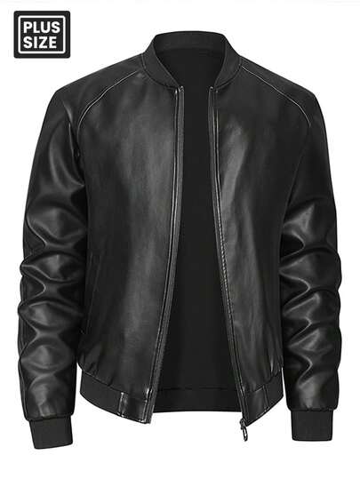 加大码男士长袖商务绅士夹克，拉链前襟仿皮口袋装饰夹克，适合春秋季穿着