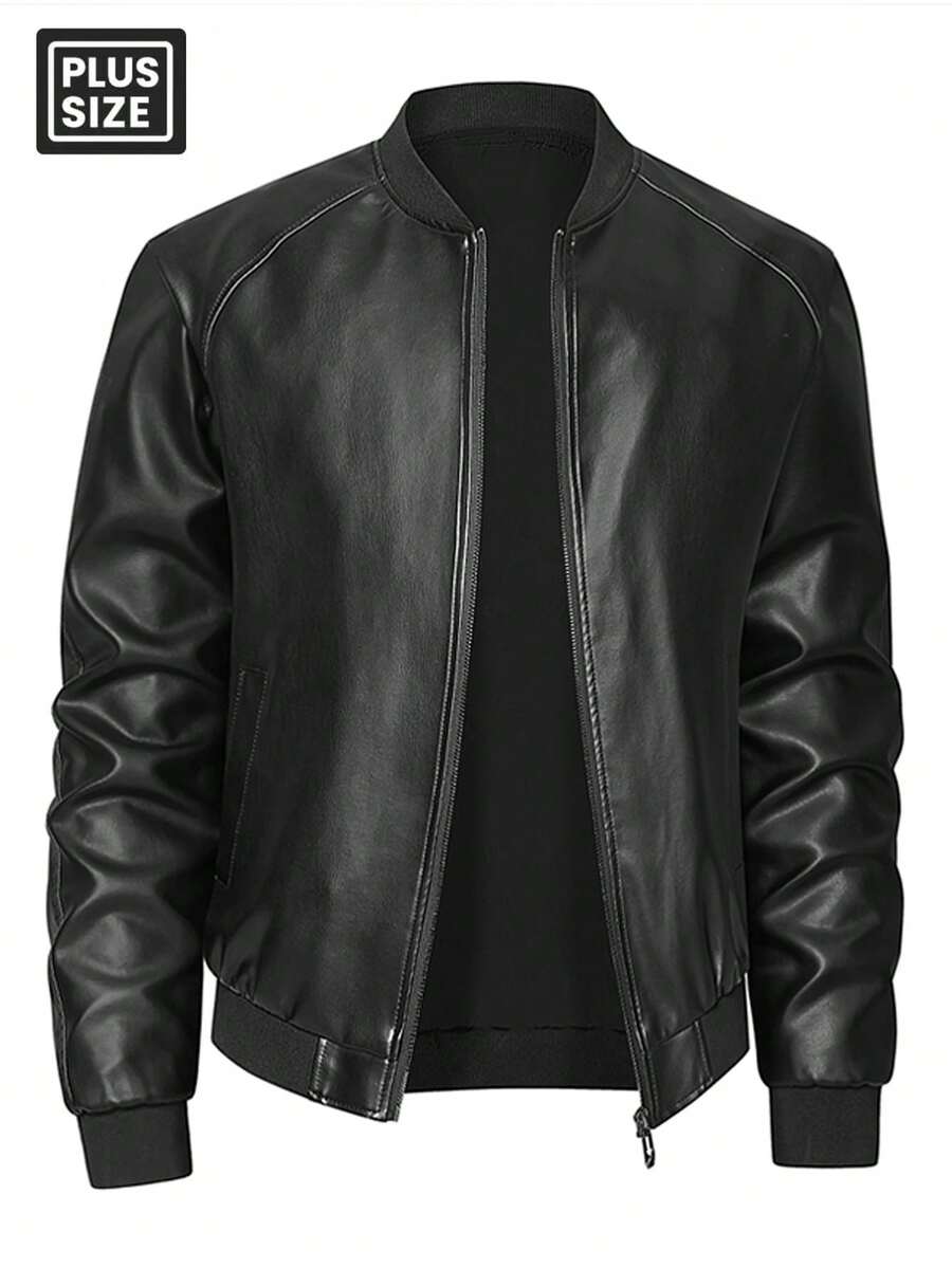 Plus Size Men's Long Sleeve Business Gentleman Jacket, Zipper Front Faux Leather Pocket Decor Jacket, Suitable For Spring & Autumn - Black - View 1