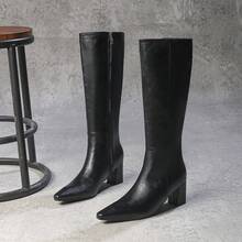 Nuevas botas altas de tacón grueso con cremallera lateral y punta cuadrada, de unicolor versátil, importadas originales, para primavera/otoño, de tacón alto