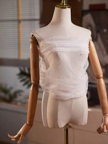 1 件新娘仿珍珠薄纱披肩，黑白短款露肩性感新款跨境伴娘臂套斗篷、派对和婚礼披肩 - 彩色 - 查看 4