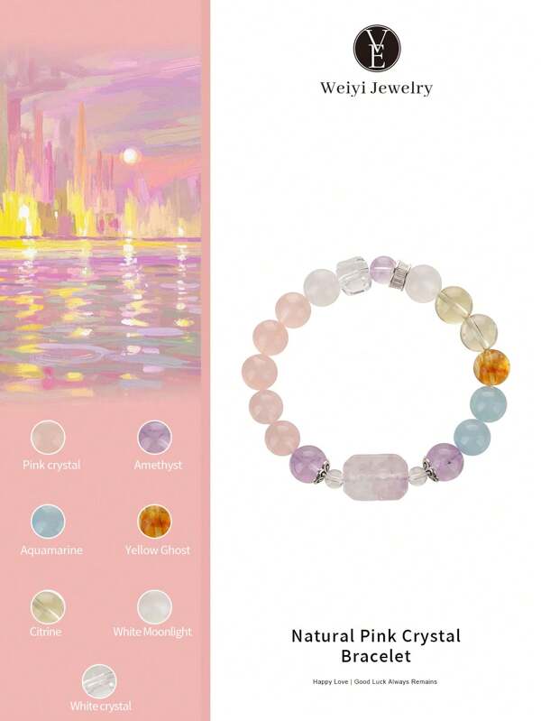 VE 1pc Premium S925 Silver Natural Multi-Stone Crystal Beaded Bracelet, Featuring Rose Quartz, Amethyst, White Quartz, Suitable For Self, Girlfriends, Friends, Mothers, Unisex. Jewelry Colors Randomly Assorted