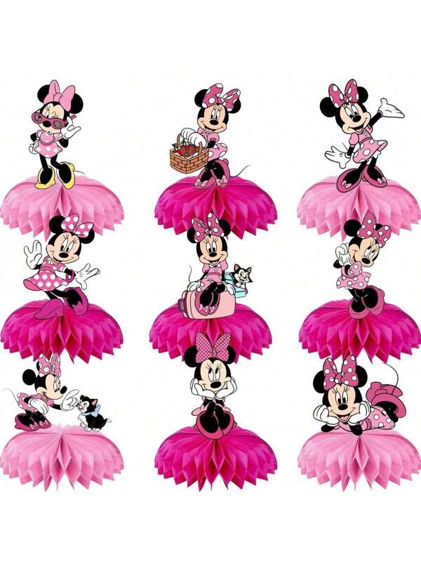 Disney Disney 9pcs Minnie Honeycomb Decorative Birthday Party Table Decor, Dining Table Party Honeycomb Display Paper Honeycomb Base Supplies, Suitable For Party Decoration, Wedding Decoration, Perfect For Graduation Season, Wedding Season, Party Supplies, Essential Party Decorations For Disney Fans.