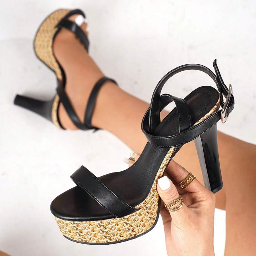 1 双女士厚底高跟凉鞋，波西米亚性感闪光扣带，简约带子设计，时尚百搭，舒适稳定，适合日常办公室穿着