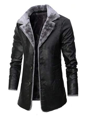 Men's Fashion Turndown Collar Long Leather Coat, Solid Color Versatile Thermal Lined Warm Leather Coat , Fall Winter