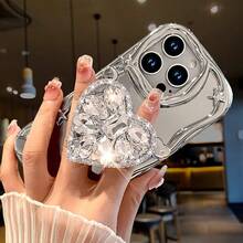 1 套 3 件（手机壳 + 支架 + 挂绳）个性化字母定制手机壳，一套水钻闪亮心形支架适用于 电镀银色新款手链手机绳手机壳套装，定制字母名称，复古纯色情侣手机壳 - 銀色 - 查看 6