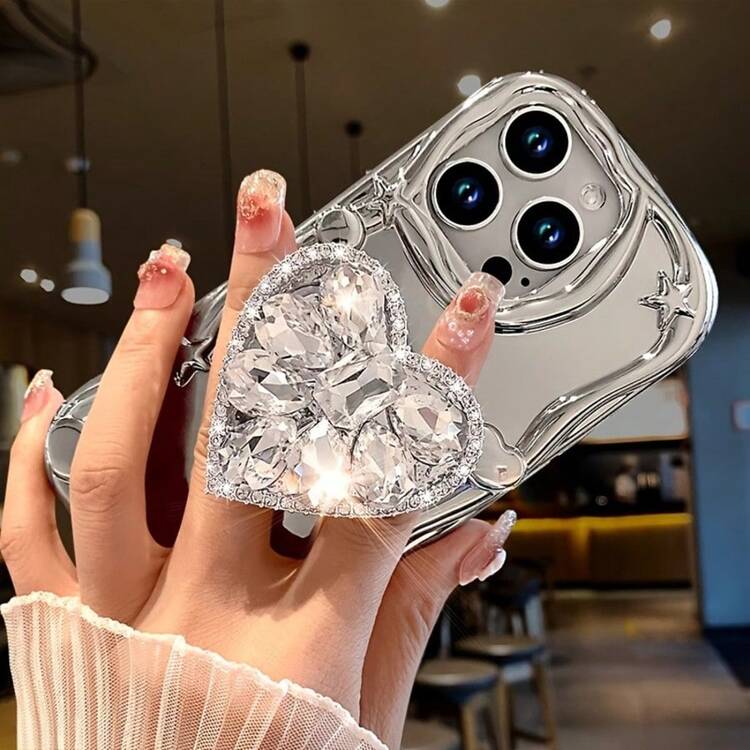 1 套 3 件（手机壳 + 支架 + 挂绳）个性化字母定制手机壳，一套水钻闪亮心形支架适用于 电镀银色新款手链手机绳手机壳套装，定制字母名称，复古纯色情侣手机壳 - 銀色 - 查看 6