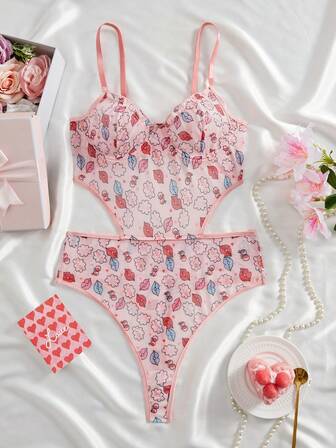 性感连体衣折扣，女士性感紧身衣，可爱嘴唇印花，性感露腰连体衣，情人节甜蜜氛围，俏皮性感连体衣