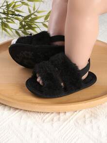 1 Pair Girls & Boys Thermal Lined Elastic Band Slip-On Design Infant Toddler Sandals & Slippers Slippers, Winter - Black - View 5