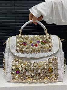 Ladies' Fashionable And Elegant Diamond Embellished Shoulder Bag, Luxurious Pearl Handbag, Large Capacity Banquet Crossbody Bag, Perfect For Daily Use And Dinners - 白色 - 查看 5