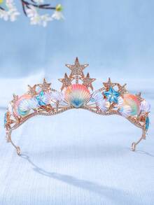 1 件优雅紫色心形海星贝壳美人鱼尾巴带闪亮皇冠新娘婚礼头饰，公主发饰 - 彩色 - 查看 16