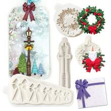 New Christmas Silicone Mold Bow Wreath Christmas Cake Decoration, Large & Small Lamp Post Decor, European Style Doorway, DIY Chocolate Baking Mold - Light Grey - View 11