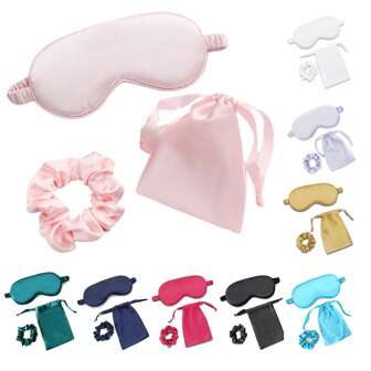 Ensemble de masques de sommeil en soie artificielle Satin Masque de sommeil Masque pour les cheveux Scrunchie Masque de nuit Masque pour les yeux Accessoires pour le sommeil Cadeau de demoiselle d'honneur de mariage Rose. Masque de sommeil en satin de soie rose, Masque de sommeil de nuit rose pour femmes et hommes, cache-œil doux et respirant pour le voyage, cadeau de demoiselle d'honneur de mariage.
