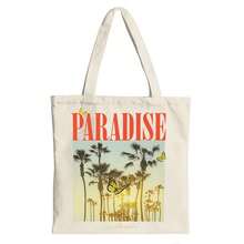 Bolso de lona con asa de hombro con estampado de palmeras y mariposas del paraíso en Los Ángeles - Beis - Ver 1