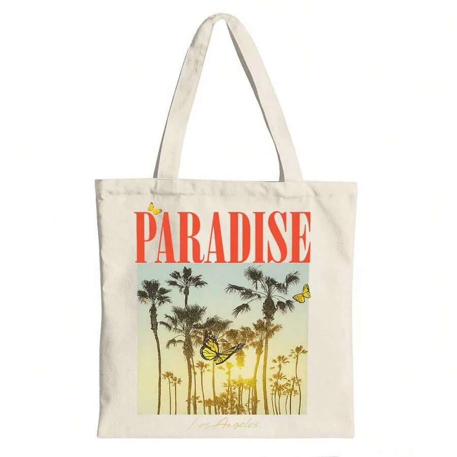 Bolso de lona con asa de hombro con estampado de palmeras y mariposas del paraíso en Los Ángeles - Beis - Ver 1