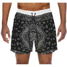 Paisley Bandana Print Swim Trunks Board Shorts - Black+M - View 1