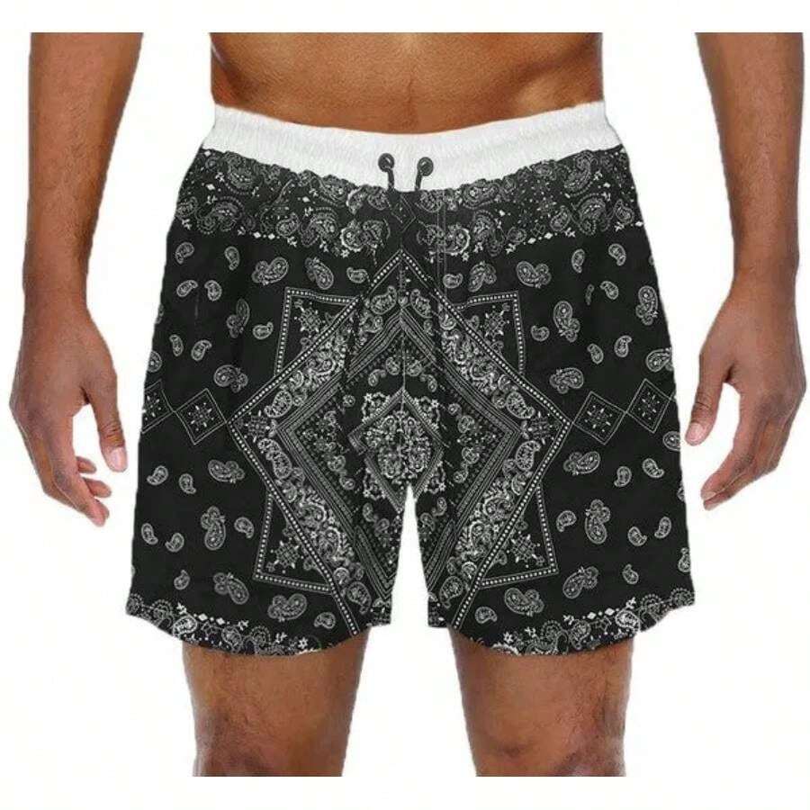 Paisley Bandana Print Swim Trunks Board Shorts - Black+M - View 1