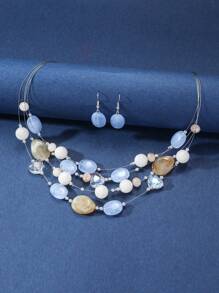 Boho-Chic 3pcs Summer Jewelry Set - Colorful Beaded & Turquoise Necklace And Earrings, Perfect For Parties & Vacations