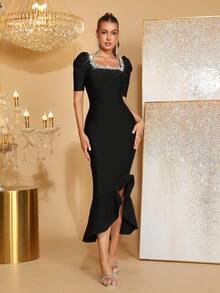 新款女士黑色性感方领泡泡袖手工串珠荷叶边伴娘礼服，适合婚礼、生日派对、宴会等场合。 - 黑色 - 查看 3