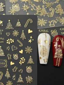 1 Stück selbstklebender goldener Weihnachts-Nagel-Aufkleber mit Schneeflocken- und Weihnachtsbaum-Design
