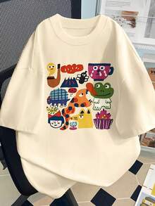 1 Pcs Women's Y2K Cartoon Graffiti Print T-Shirt – Fun Design, Soft And Breathable Short Sleeve Top, Machine Washable, White Comfortable - Màu be - Xem 11