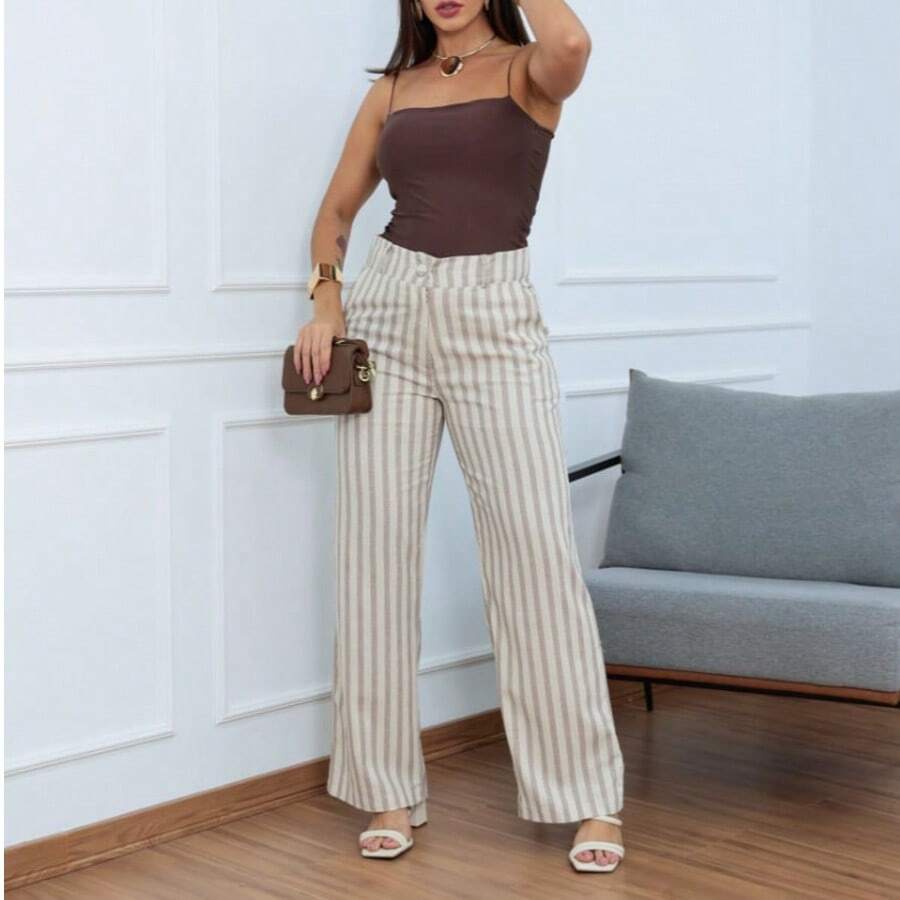 Linen Pantaloons With Casual Executive Stripes - Rust Brown - View 1