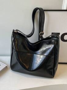 Bolso de hombro de mujer de estilo de moda, sencillo y clásico, con diseño de asa ajustable y cruzada, de tela texturizada de unicolor casual y versátil, adecuado para el uso diario de estudiantes universitarios, con gran capacidad de almacenamiento
