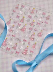 1 件粉色糖果金属星星圣诞树烟花球蝴蝶结手杖热压雪花冬季指甲贴纸指甲修复贴纸