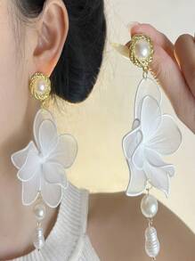 1 Paar übertriebene Blumen Stoff, Perlen & Quasten Ohrringe, süßes & modisches, zierliches, elegantes, schickes Design Ohrringe