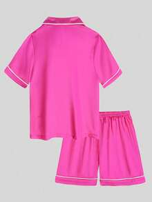 2pcs Tween Girl Pink Short Sleeve Shirt And Shorts Pajama Set - Multicolor - View 8