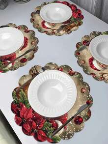 2/4/6/8 Pcs Christmas Holiday Placemats Set - Polyester Round Table Mats With Santa Claus & Reindeer Design, Woven, Non-Slip, Handwash/Washable, Suitable For Holiday Party, Outdoor Dining, Home Decor, Durable