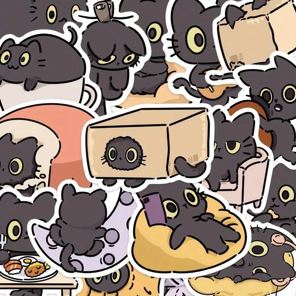 50pcs Cute Black Cat Stickers - Whimsical Cartoon Decals For Laptops, Phones, Notebooks & More - PVC Material, Playful Designs With Cups, Boxes & Furniture
